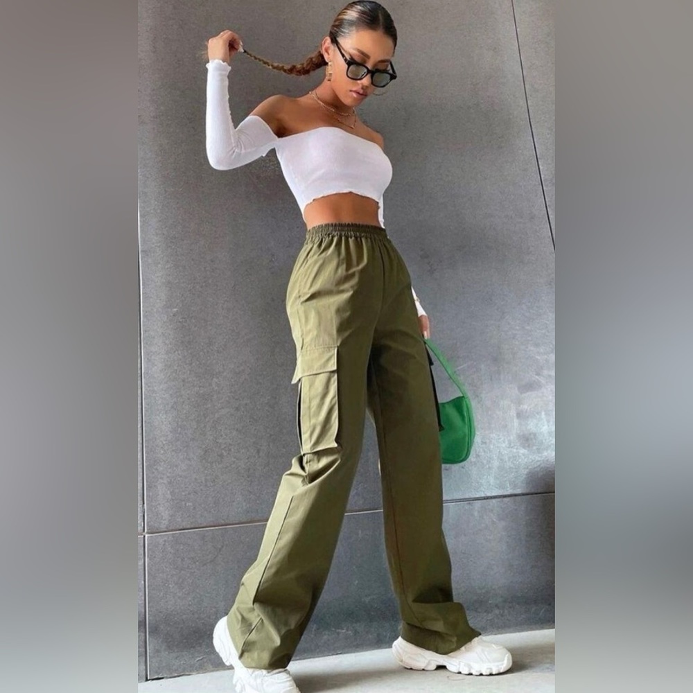 Solid High Waist Flap Pocket Cargo Pants Green S